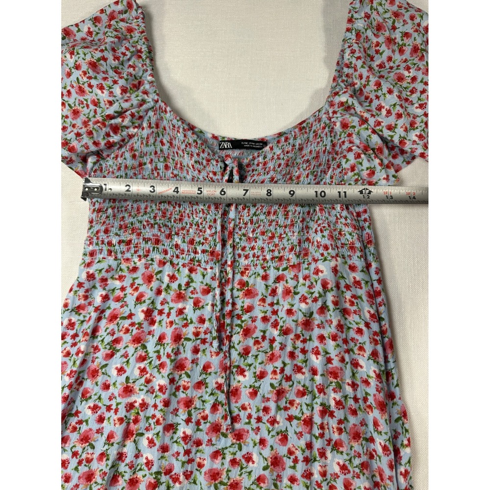 Zara Womens Floral Smocked Midi Dress Blue Red Flutter Sleeve Medium - Picture 8 of 9
